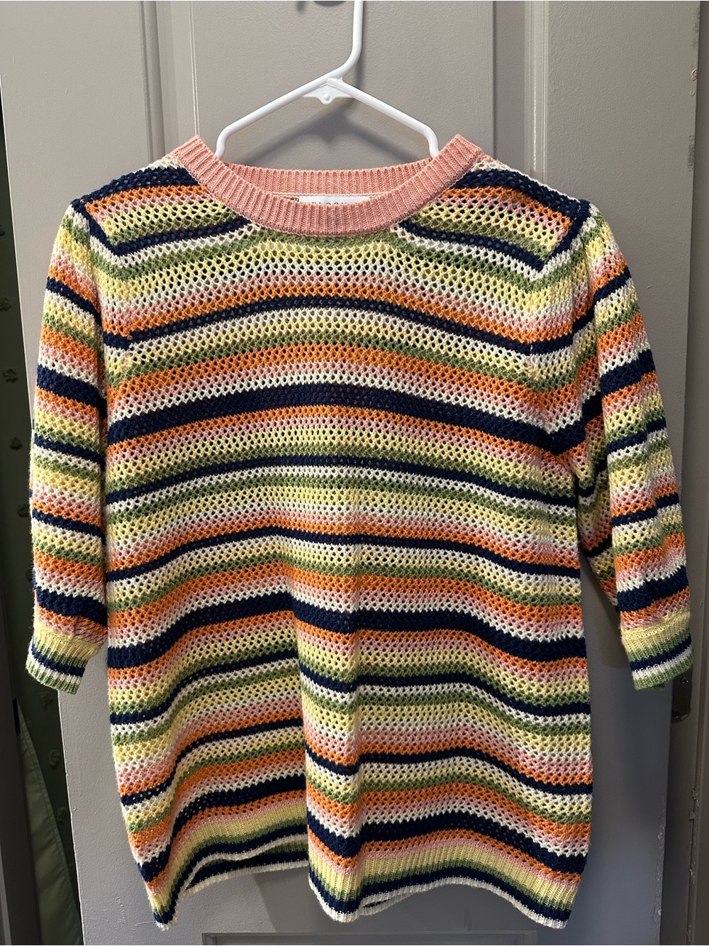 Eloquii Striped Open-Knit Crew Sweater in Peach, Navy & Lime